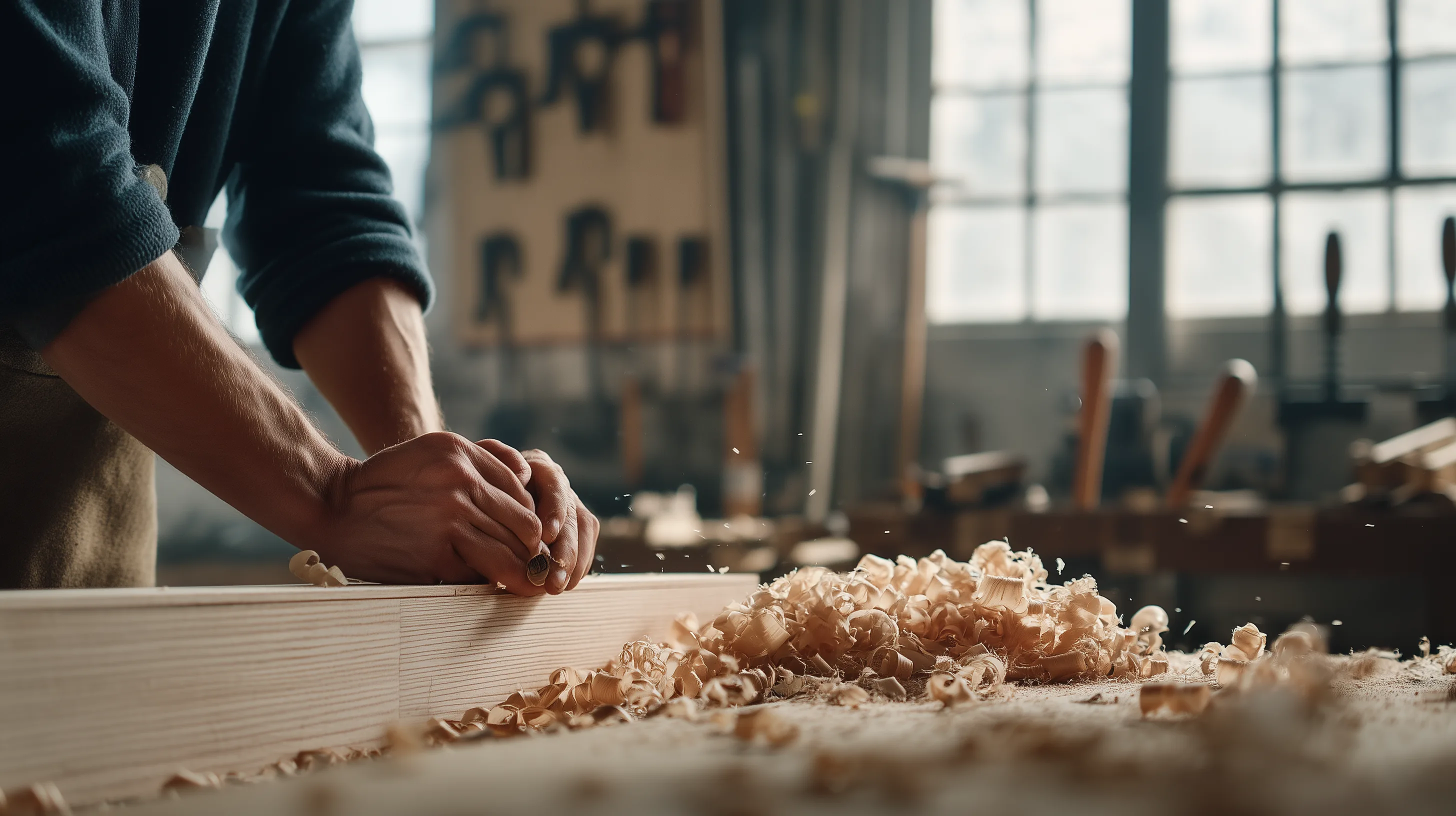 Handwerker bei der Holzbearbeitung in einer nordeuropäischen Sauna-Manufaktur